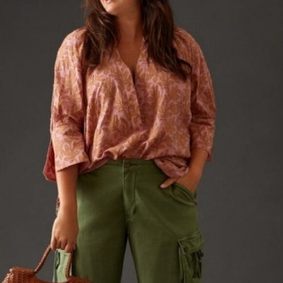 Anthropologie Embroidered Leaves Pink Popover Blouse Top Medium Feminine $130 - Picture 5 of 8